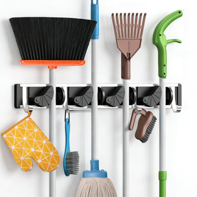 Wall-Mounted Mop And Tool Organizer With 4 Slots And 4 Hooks For Home Organization