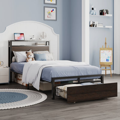 Twin Bed Frames With Drawer, Storage Headboard With Outlets, No Box Spring Needed, Easy Assembly, Vintage Brown
