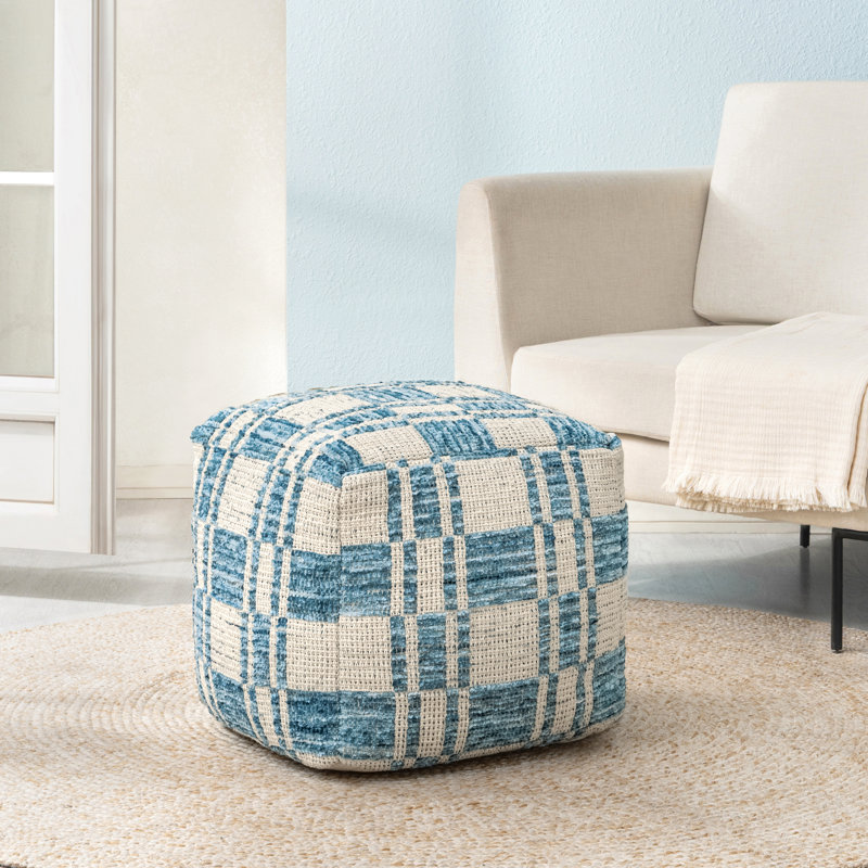Krikor 20" Teal Blue Upholstered Pouf Ottoman, Blue