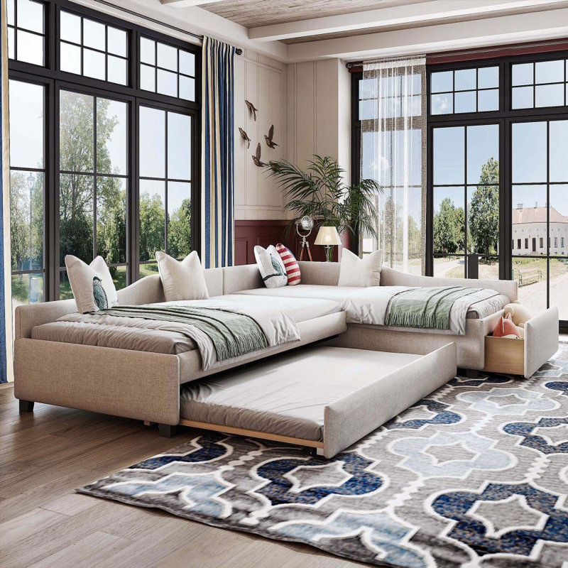 Lit de jour simple rembourré avec couchette et amp; Tiroir - Aucun sommier requis, cadre robuste, Beige