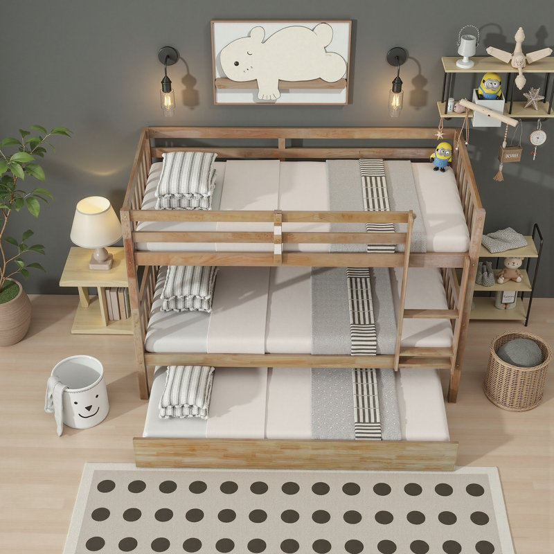 Twin Over Twin Rubber Wood Bunk Bed With Trundle, Convertible Into Twin Size Beds, Twin Size Bunk Bed With Ladder And Safety Guardrails=