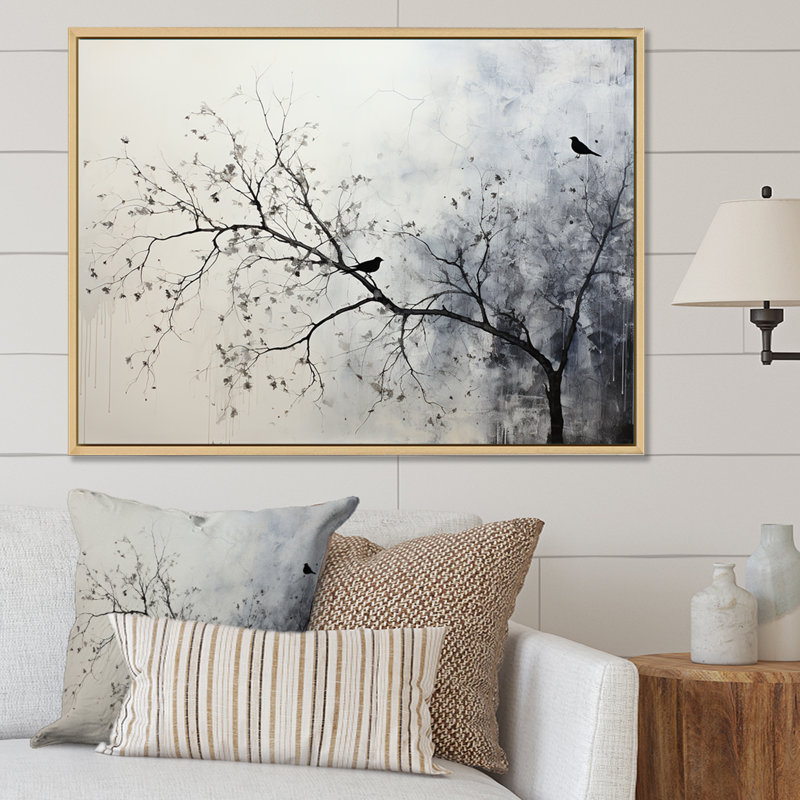 Minimalisme, oiseaux monochromes sur branche II - arbres, impressions sur toile, Gold Picture Framed, 12" H x 20" W