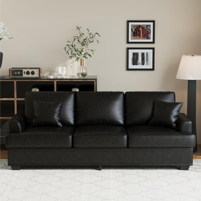 Canapé 86 po en similicuir 3 places avec sièges profonds, 2 coussins décoratifs et coussins de dossier amovibles, noir