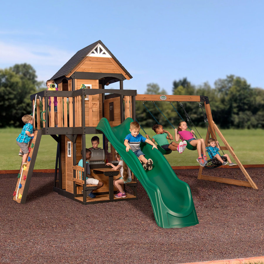 Backyard Discovery Canyon Creek Cedar Wood Swing Set with Wave Slide, Clubhouse, Rock Wall, and Play Kitchen
