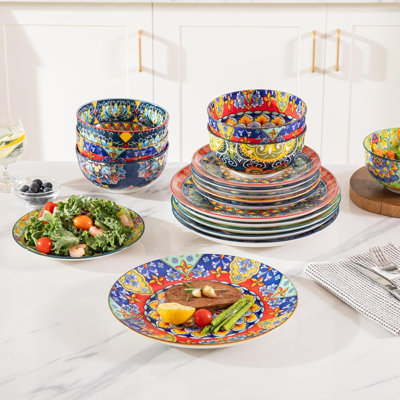 18 piece ceramic tableware set, Bohemian tableware for kitchen, dishwasher and microwave safe box (colorful), 6-person service