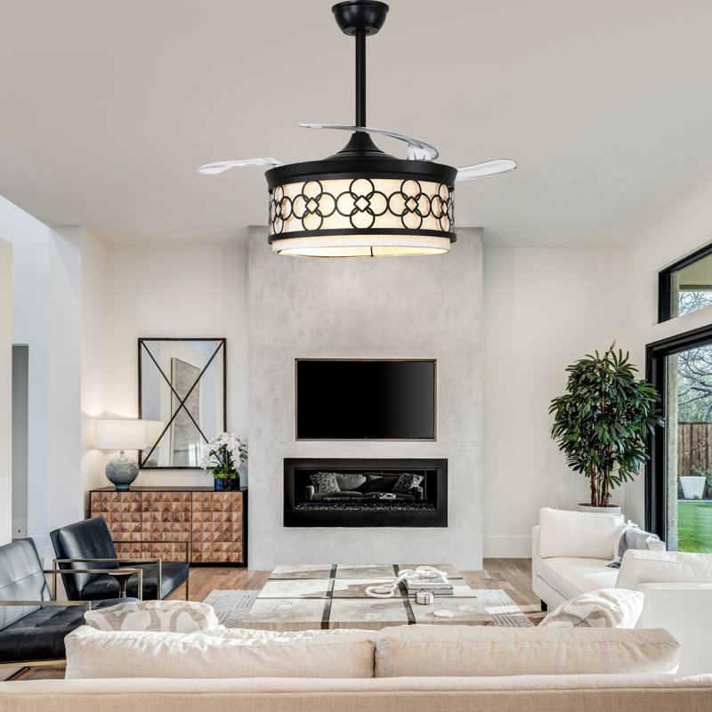 42" Retractable Ceiling Fan with Lights and Remote, Reverisble Quiet DC Motor Chandelier Ceiling Fan