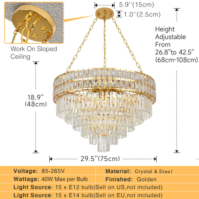 Lustre empire en cristal Imma, Or vif, H 42,5 po x l 29,5 po x P 29,5 po
