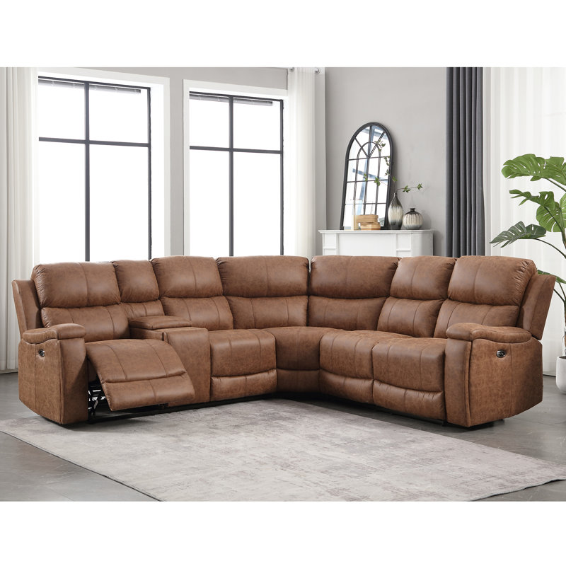 Kiall 110" W 3-Piece Vegan Leather Power Wall Reclining Sectional with Storage & Cup Holder, Brown Pebbled Faux Leather