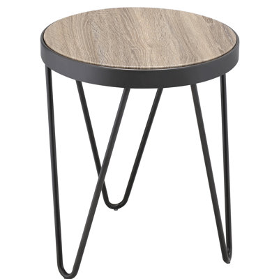 Table d'appoint design en chêne gris vieilli et noir, polyvalente pour différents espaces, contraste de bois naturel et de métal, grande surface pour boissons, livres, pieds stables, plateau en bois composite.