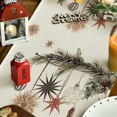 Xmas Trees Holly Pine Cone Merry Christmas Table Runner, Seasonal Winter Kitchen Dining Table Decoration For Home Party Decor 13X72 Inch