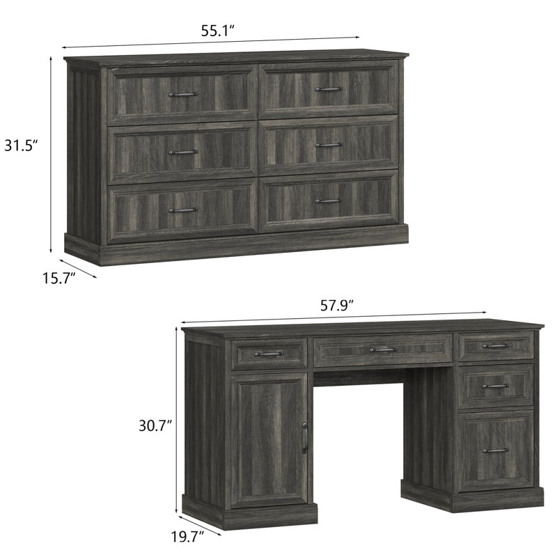 Ensemble de bureau d'ordinateur 2 pièces, bureau d'écriture et commode 6 tiroirs Hailiey, Gris