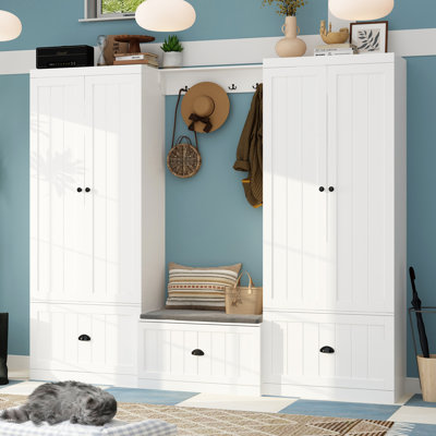 Hall Tree Set With Metal Hooks And Comfortable Bench