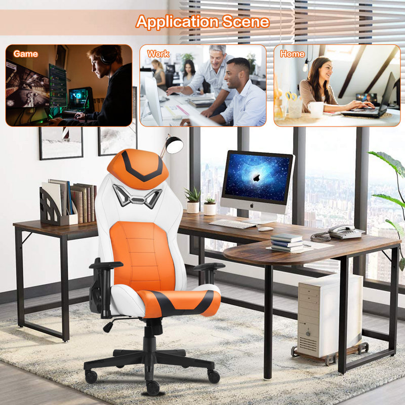 Fauteuil de jeu et de course pivotant ergonomique Inbox Zero, Orange/Blanc