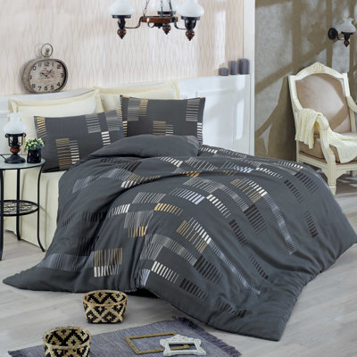 Ensemble de housse de couette simple Elegant, anthracite et or / blanc, 53,1 po x 78,7 po | 65% coton / 35% polyester, 120 fils | Lavable à la machine, housse de couette et enveloppe à fermeture à boutons | Parfait pour un décor de chambre à coucher 