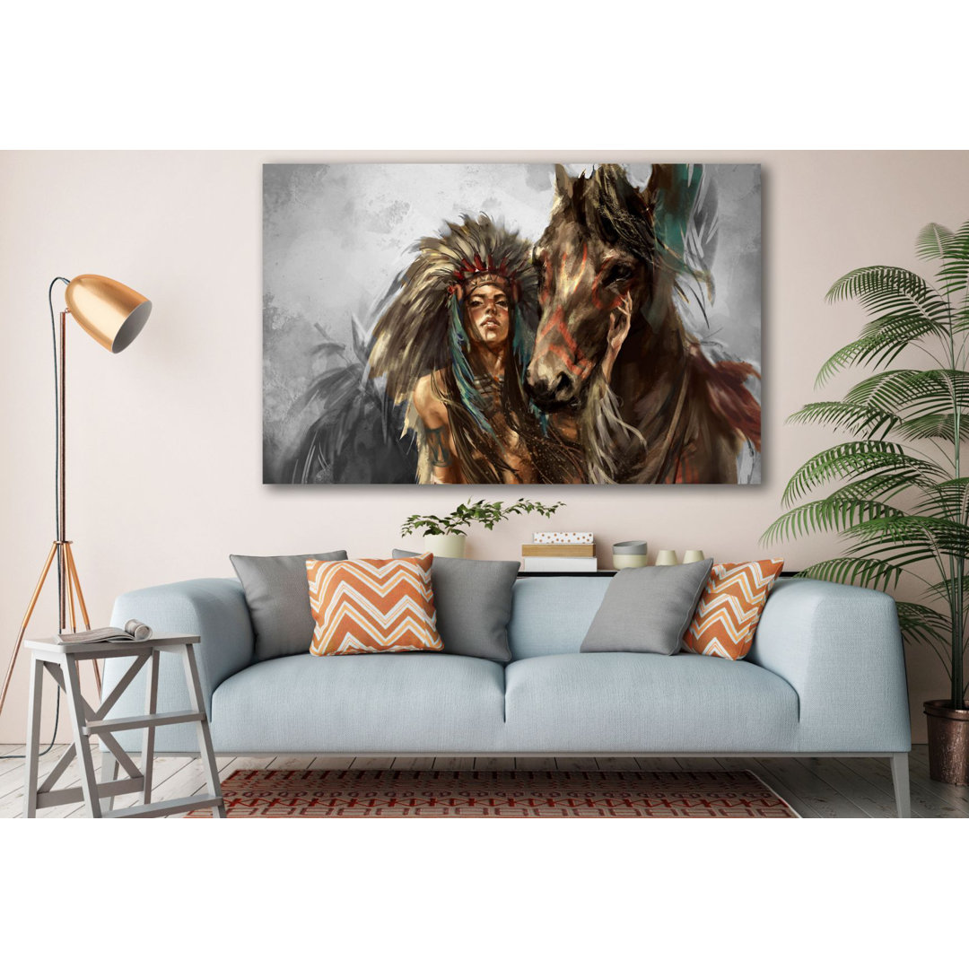 " Native American Indians Historical Art Canvas Horse And Lady Classic Wall Design Painting Canvas Print Decor Wall " East Urban Home 