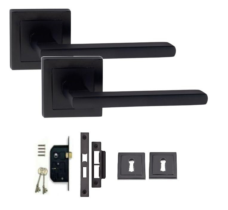  Leon Design Straight Door Handles on Square Rose in Matt Black Finish with 64mm 3 Lever Mortise Lock and Key Hole
