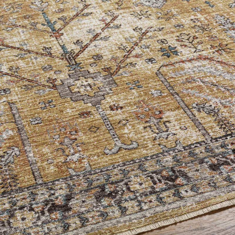 Everly Oriental Machine Made Power Loomed Polyester Area Rug in Gold, Rectangle 8'10" x 12'6"