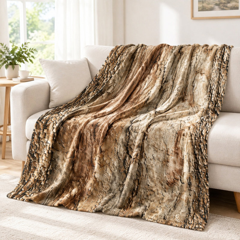 Plaid en flanelle à motif écorce d'arbre - Texture réaliste, tons bruns naturels, doux, chaud et confortable, idéal en toute saison, facile d'entretien, élément décoratif pour canapé, fauteuil, salon, chambre et mobilier de jardin.