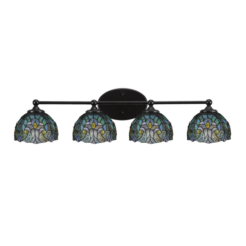 Eddis 4 Light Bath Bar Shown In Matte Black Finish With 7" Turquoise Cypress Art Glass