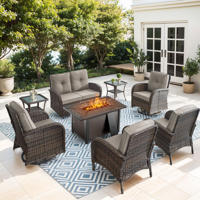 Valierius 7-Piece Patio Set With Glider Loveseat, Swivel Chairs & Fire Pit Table For Backyard, Garden, Beige