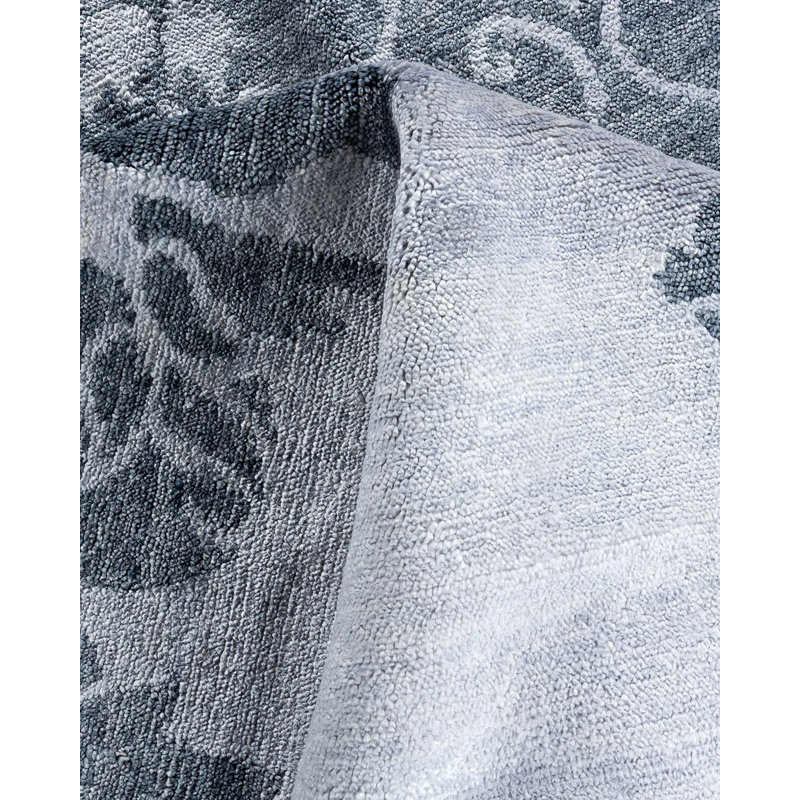 Ivory and Blue Hand-Knotted Silk Area Rug, 9' 3" x 12' 2"