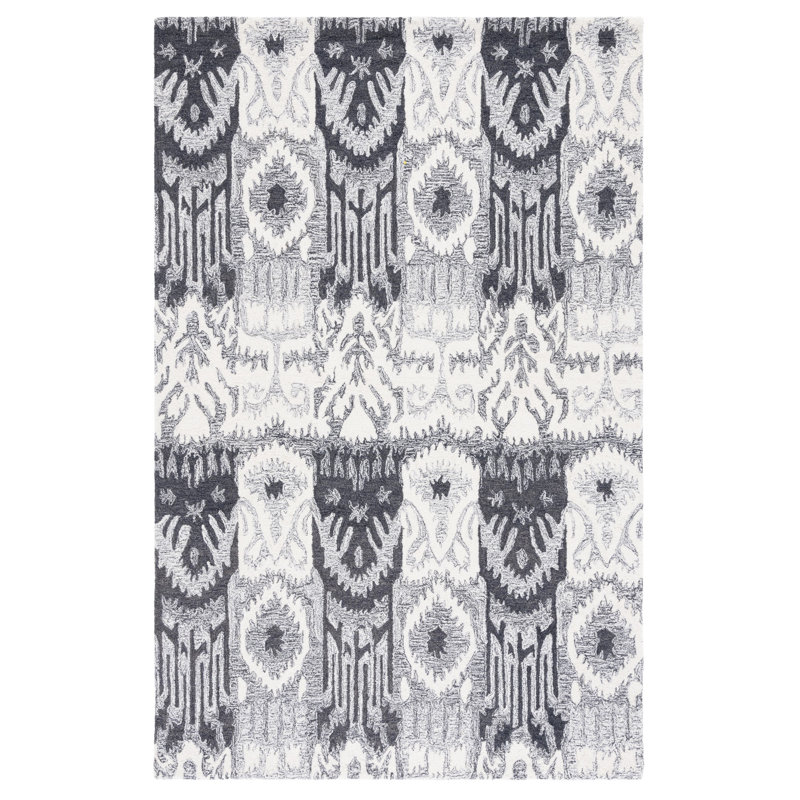 Ikat Hand Tufted Wool/Cotton Ikat Rug in Black/Ivory, Rectangle 3' x 5'