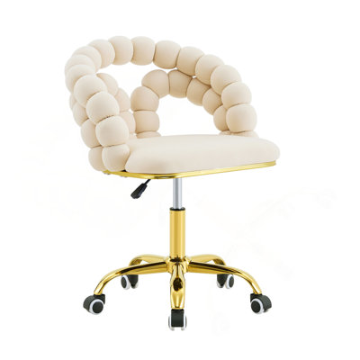 Fauteuil de bureau pivotant en velours moderne avec dossier à bulles, fauteuil de coiffeuse rembourré avec base en métal doré, fauteuil de bureau roulant pour bureau à domicile, chambre à coucher, salle de maquillage (ensemble de 1)