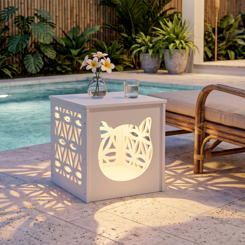 Table d'appoint avec lumière chaude Pet House - 15,6 x 15,6 x 15,6 pouces - Plastique - 1 pièce - Table de chevet - Blanc - Chat Cube avec lumière