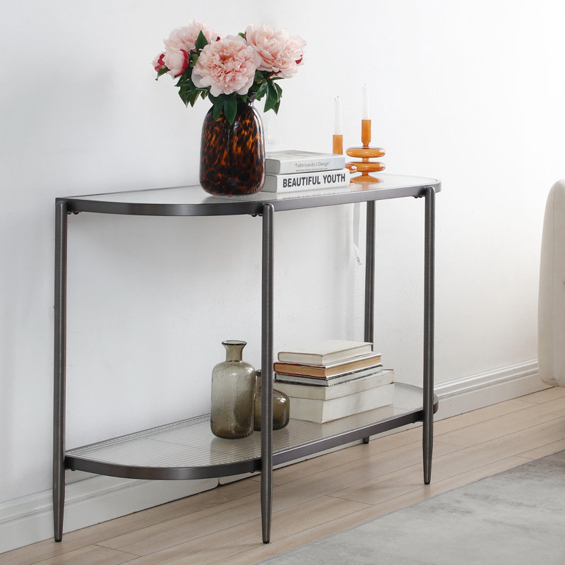 Stylish & Modern Addlie Versatile Steel Frame Fluted Glass Trendy 43.11" x 29.52" Console Table, Black