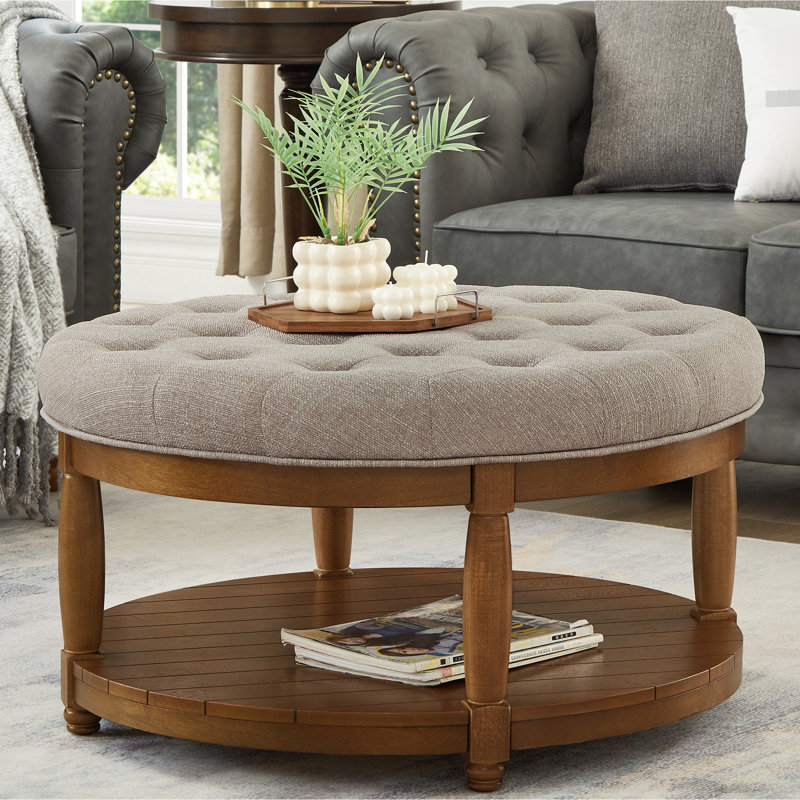 Large Upholstered Footrest, Classic Linen Color, 300 - Pound Support Round Footrest , Solid Wood Construction, Easy 5 Minute Assembly