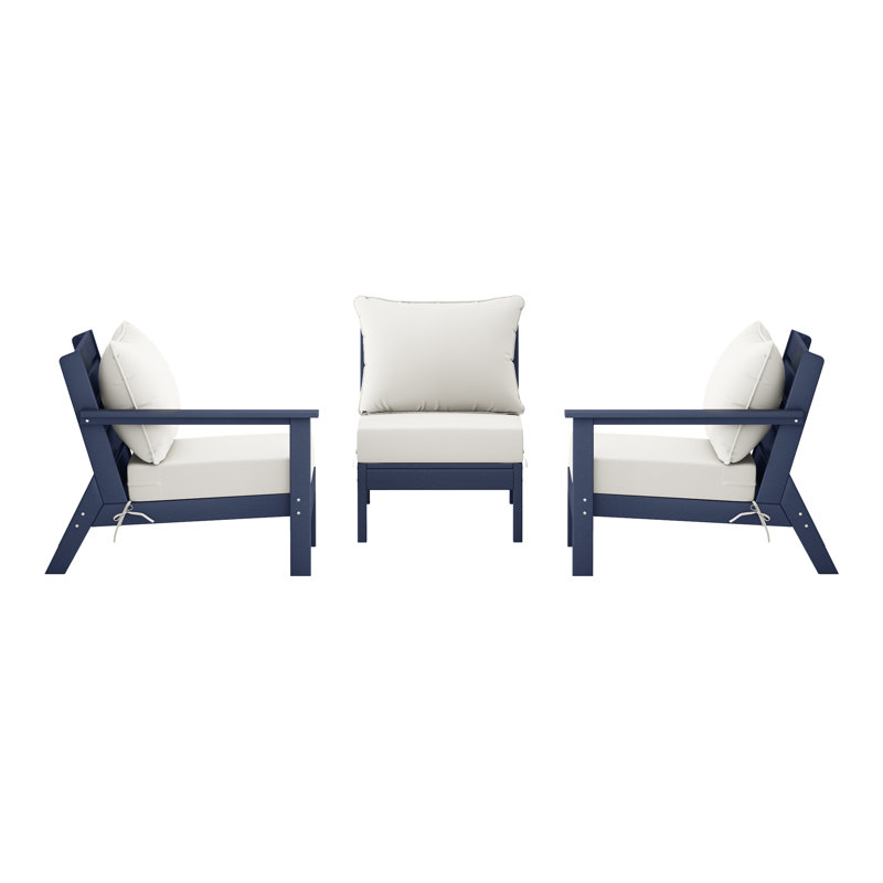 3-Piece Deep Seating Set With Cushions, White, Navy Blue