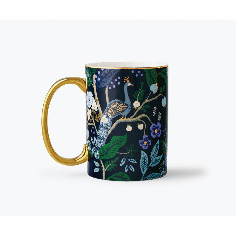 Midnight Blue Ceramic Peacock Mug with Gold Accents