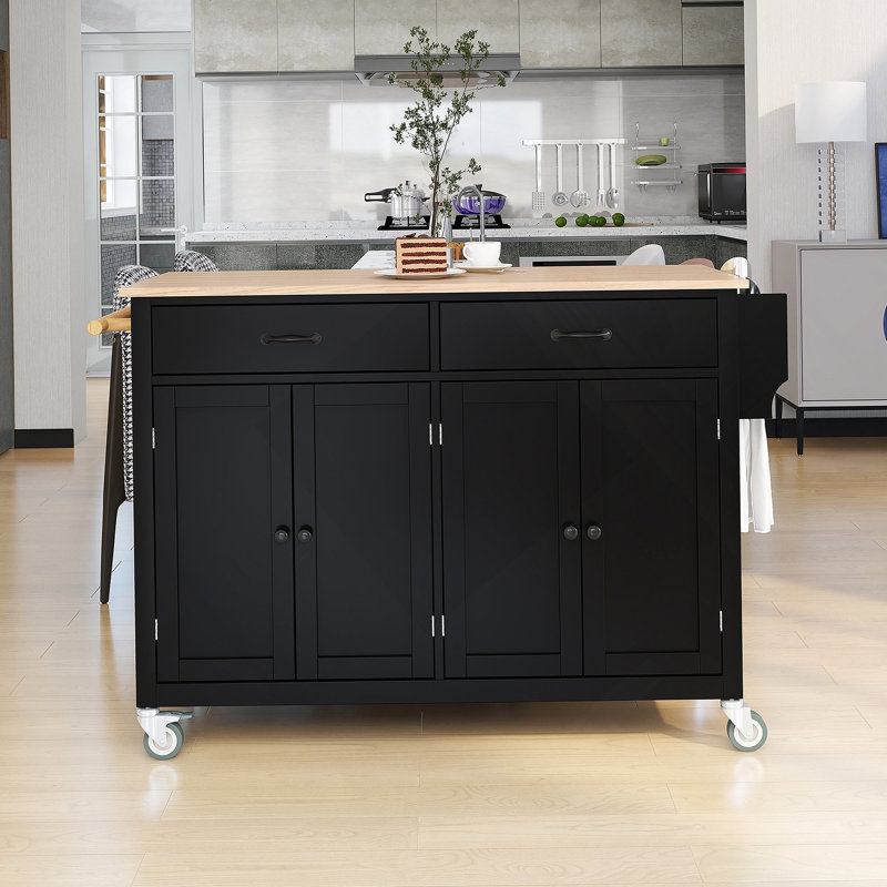 Kitchen Island Cart With Solid Wood Top And Locking Wheels, 4 Door Cabinet And Drawers, Black