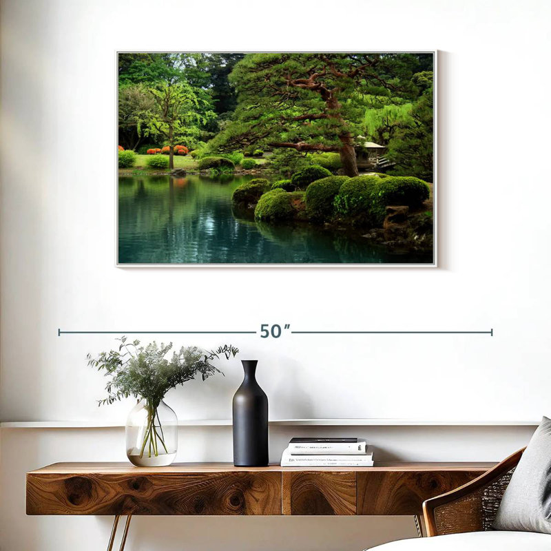 Zen Lakeside Bonsai Trees, Floating Frame White, 37" X 25"