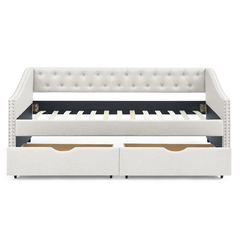 Lit de jour simple avec tiroirs, canapé-lit capitonné, avec bouton sur le dos et clou en cuivre sur les accoudoirs ondulés, beige (81,5 po x 41 po x 30,5 po)
