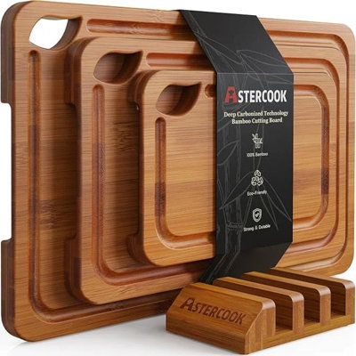 Ensemble de planches à découper en bambou profondément carbonisé avec support de rangement en bois
