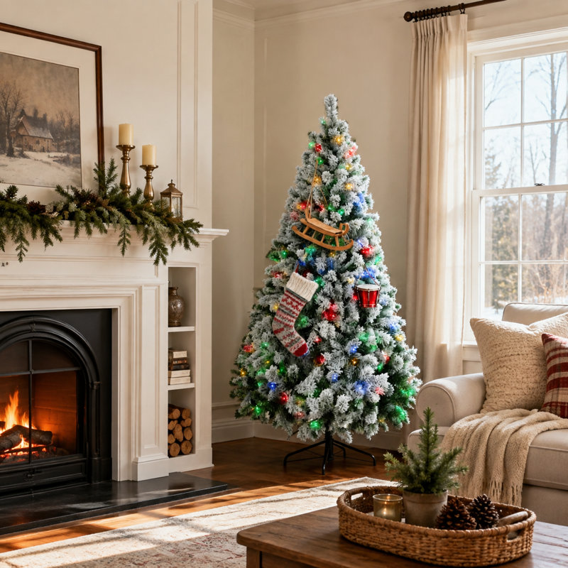 Sapin de Noël artificiel de 2,3 m (7,5 pi) recouvert de neige floquée, avec 550 lumières DEL – Blanc chaud ou multicolore, branches ignifugées, socle en acier