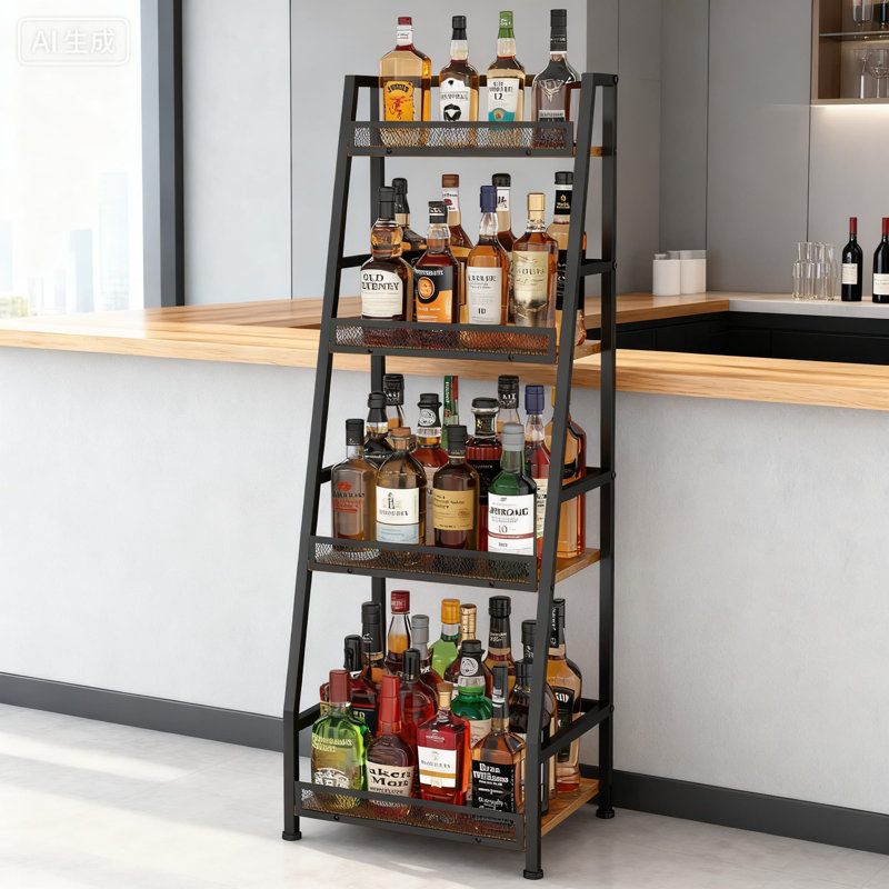 Présentoir à liqueur de coin à 4 niveaux avec clôtures, support à vin autoportant pour le whisky et les bouteilles de vin, vitrine de plancher rétro brune pour bar à la maison