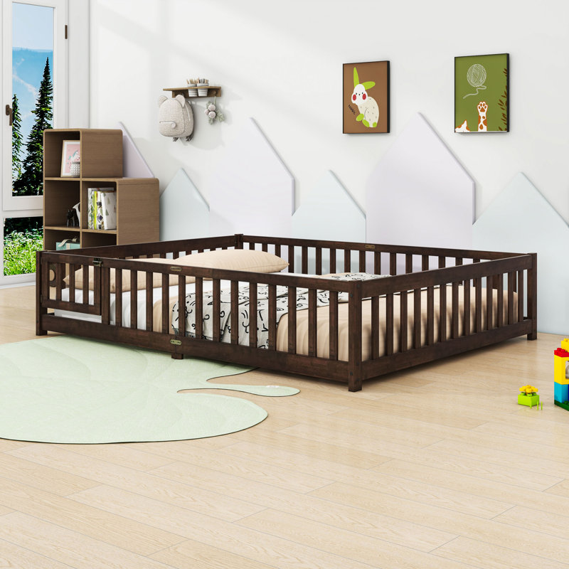 Queen Size Wood Floor Bed With Fence Door And Sturdy Slats, Espresso