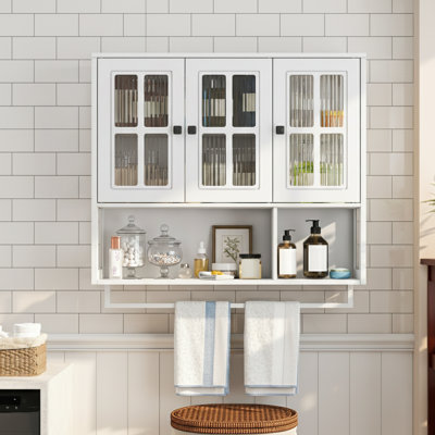 Modern 3-Door Wooden Wall Cabinet With Open And Hidden Storage, Glass Door, And Towel Bar For Versatile Use