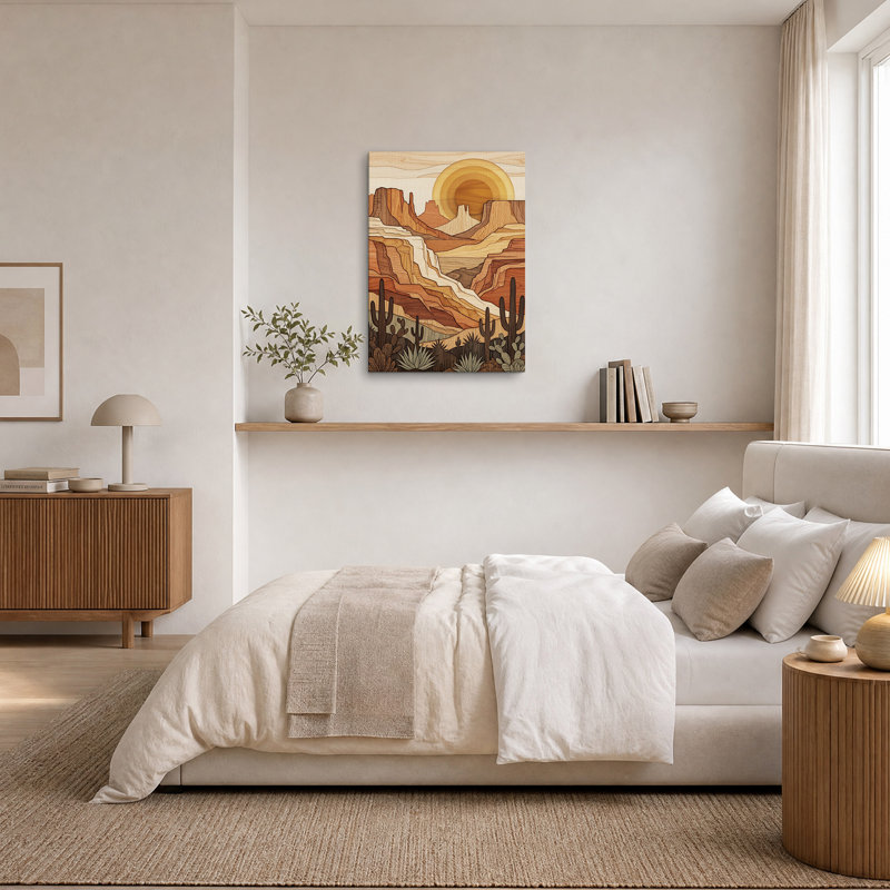 Tableau sur toile représentant un canyon désertique aux tons de bois superposés avec des cactus, H 18 po x l 12 po