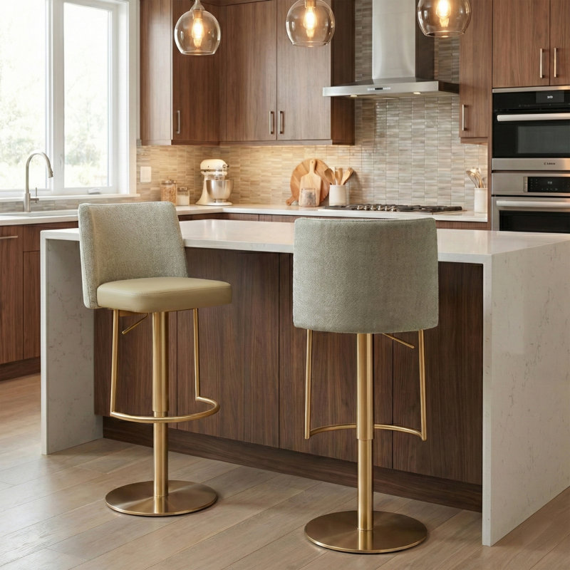 Bergamyer Swivel Upholstered Adjustable Height Counter Stool with Metal Frame, Green/Gold 