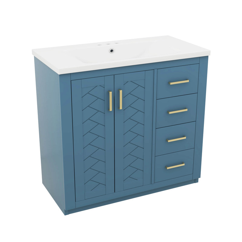 Ensemble de meuble-lavabo indépendant 36 po avec 3 tiroirs de rangement, Doré, Indigo