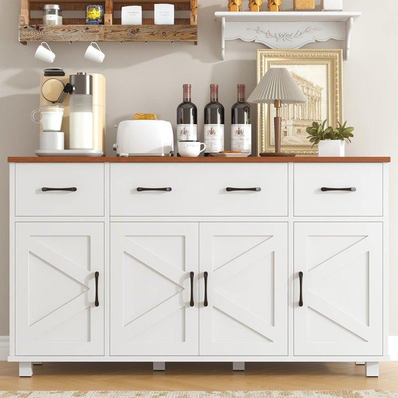 Buffet 55,1 po avec rangement, armoire à café avec 3 tiroirs et 4 portes de grange, tablettes réglables, Blanc-1