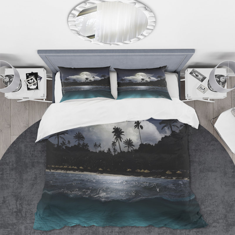 Bateau de pêche sous la pleine lune - Ensemble de housse de couette moderne - Microfibre de polyester