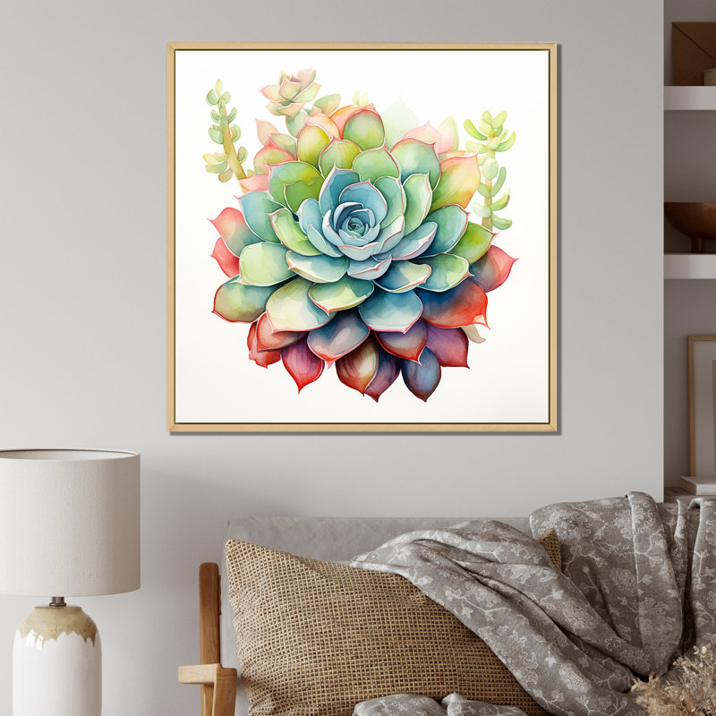 «Blossoming Succulent In Tender Retro Blue», reproduction sur toile, H 24 po x l 24 po x P 1 po, Cadre naturel flottant