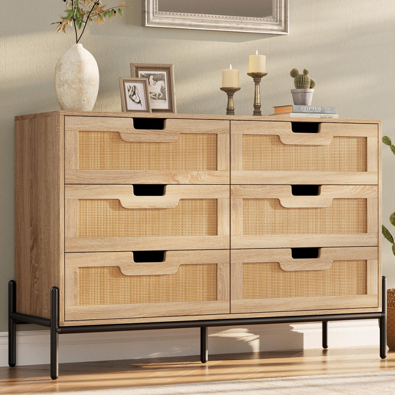 47.2" Wide Farmhouse Dresser for Bedroom, 6 Drawers, Rattan Wood Chest with Metal Feet, Hallway Storage Cabinet, Yellow