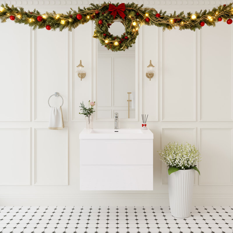 Meuble-lavabo de salle de bain flottant 30 po, mural avec cuve à surface solide, tiroirs à fermeture en douceur, finition blanc brillant | Idée cadeau