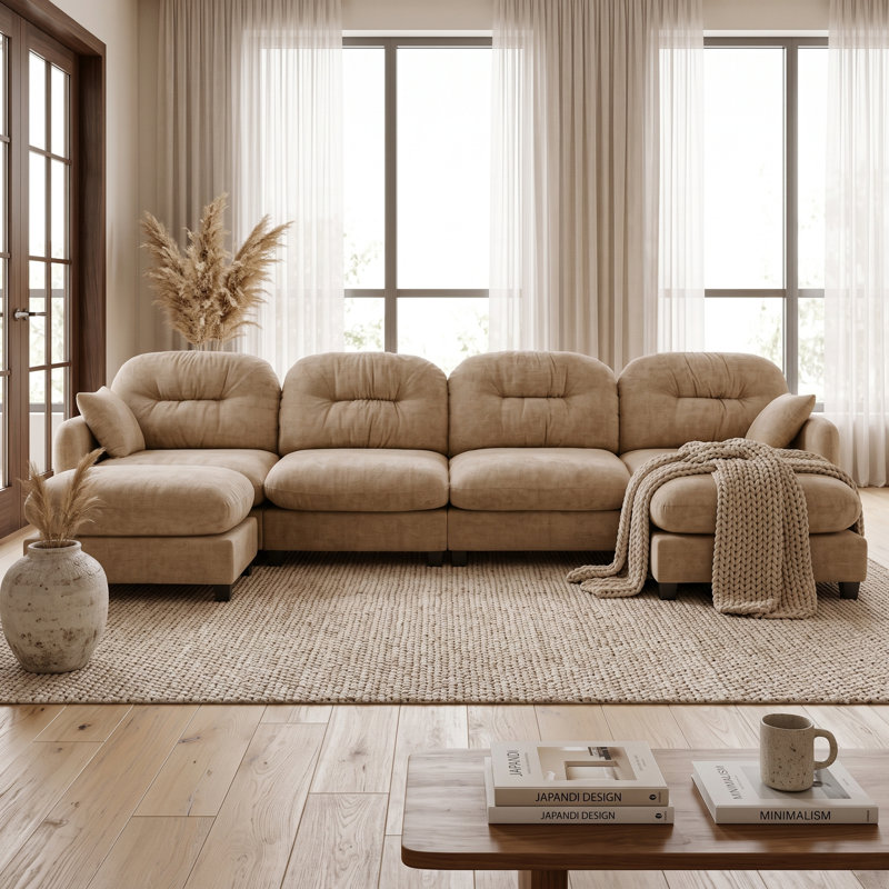 Canapé modulaire minimaliste en chenille plissée avec 2 poufs, canapé d'angle 4 places en forme de U, couleur camel