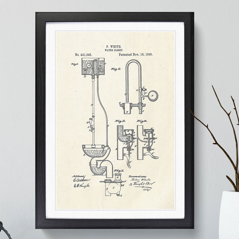 Toilet Water Closet Patent - Picture Frame Graphic Art, 36cm H x 27cm W x 2cm D, Black